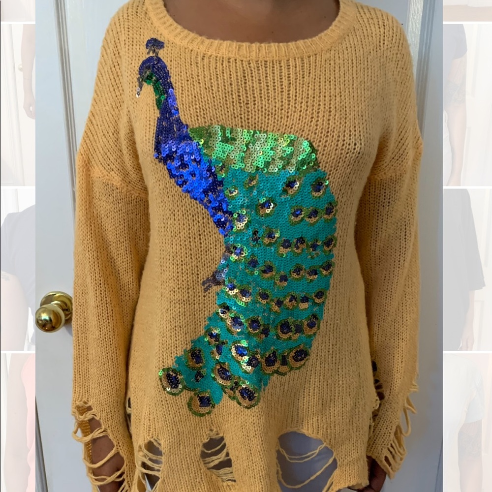 WildFox Sequin Peacock Distressed Sweater